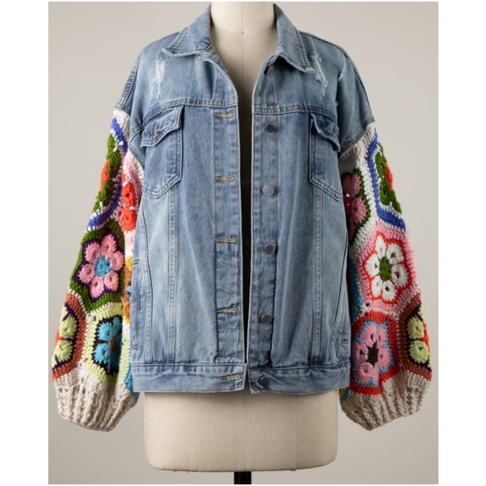 Boho Granny Square Colorful Crochet Denim Button Jacket